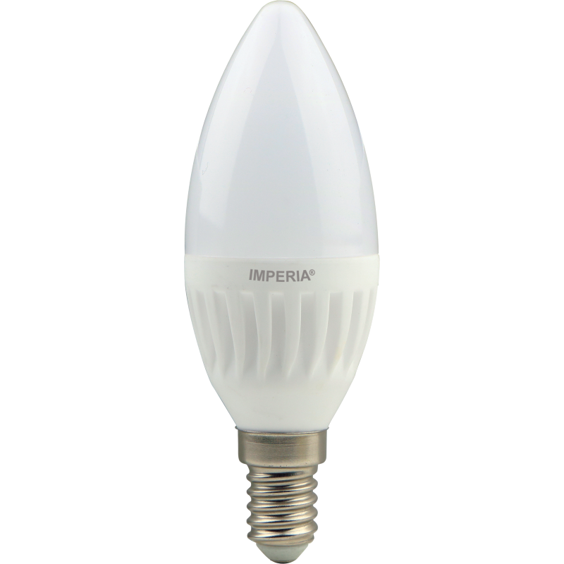 Lampadina LED candela con attacco E14, potenza 9W, luce naturale 4000K e flusso luminoso di 900 lumen. Durata fino a 25.000 ore. Dimensioni Ø37 × 110 mm.