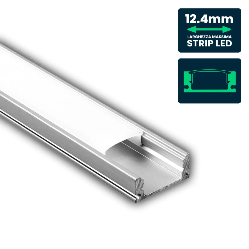 Profilo in Alluminio Colore Silver per Strip LED (Max led: 12,4mm) Copertura Satinata 2000 x 16,8 x 6,9 mm