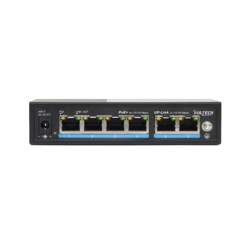 Switch PoE+ Vultech Security 4 porte 10/100 FE + 2 porte Uplink 10/100 FE 60W AI SMART