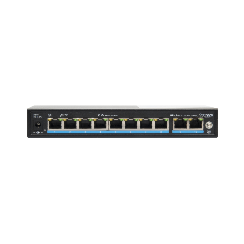 Switch PoE+ Vultech Security 8 porte 10/100 FE + 2 porte Uplink 10/100/1000 GE 120W AI SMART