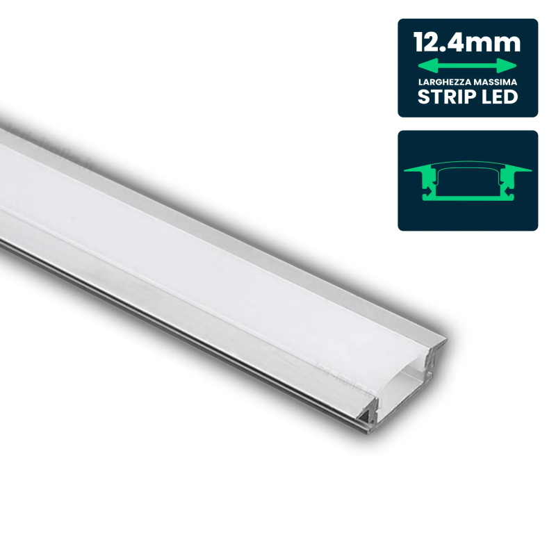 Profilo in Alluminio Colore Silver per Strip LED a Incasso (Max l: 12,4mm) Copertura Satinata 2000 x 24,7 x 7mm