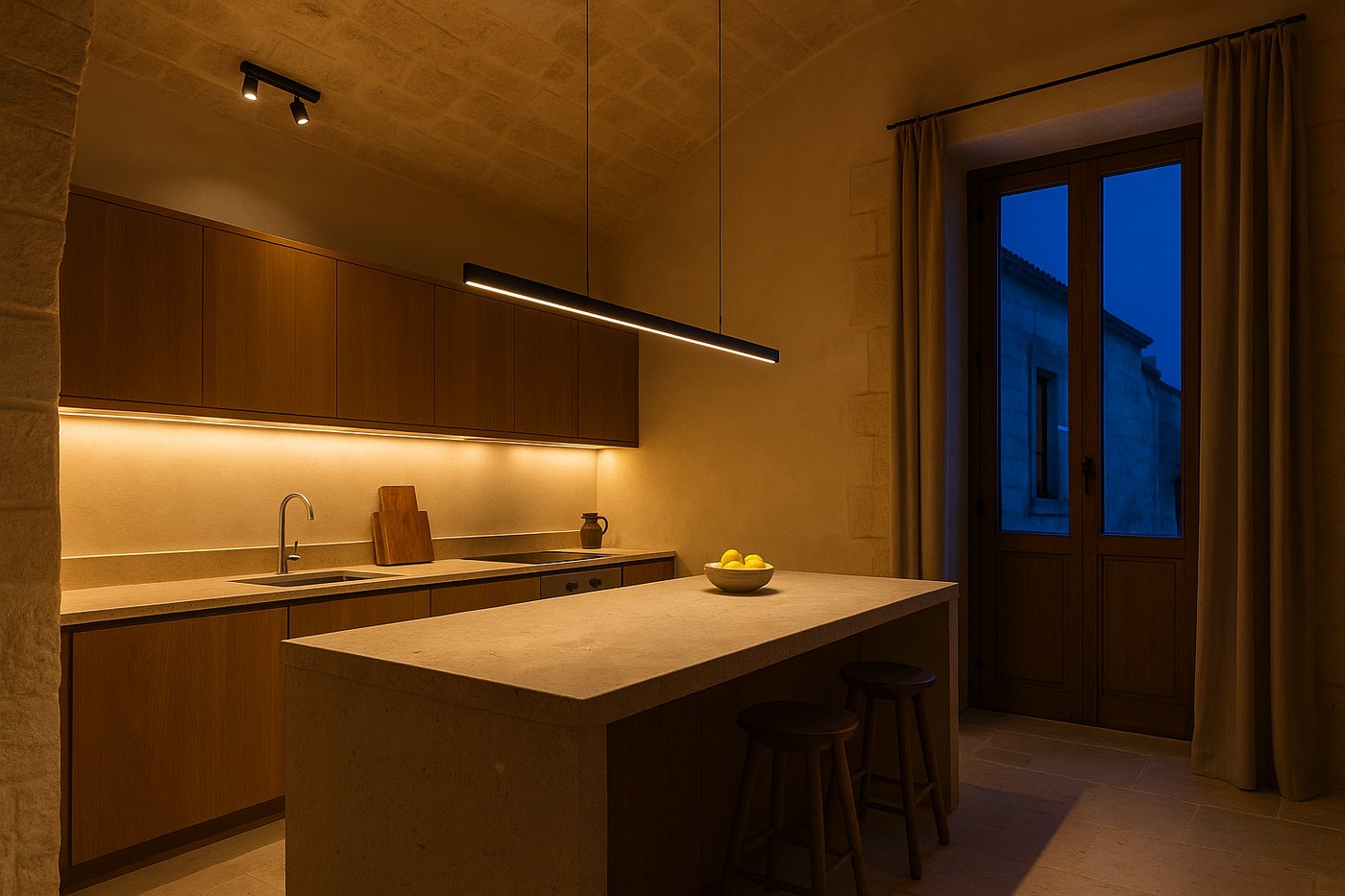 Cucina con isola: sospensione lineare dimmerabile, faretti orientabili sul piano, profilo LED sotto i pensili