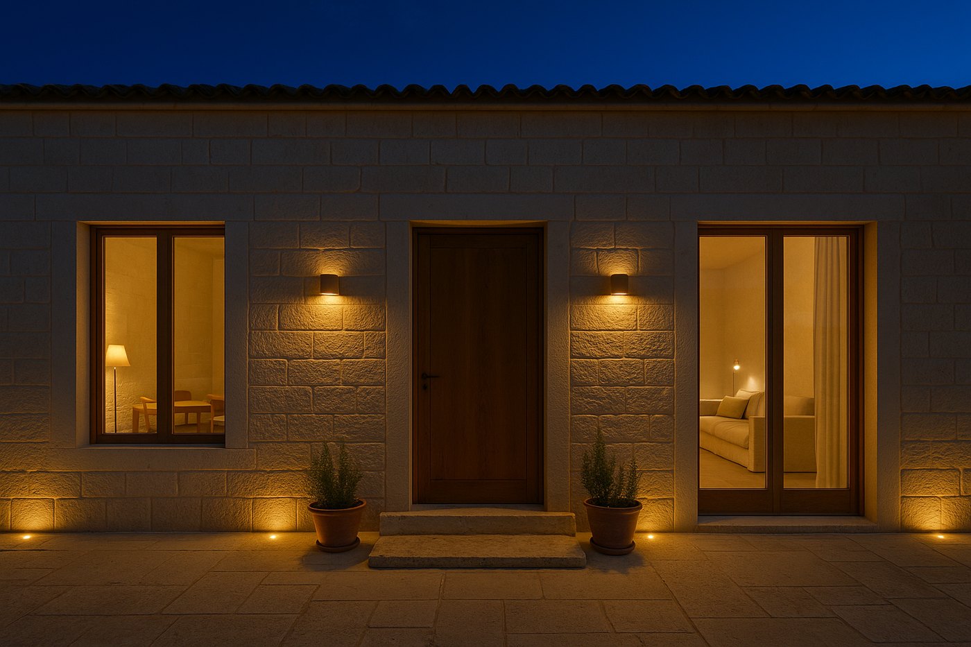 Facciata in pietra illuminata di sera con incassi a terra a luce radente e applique calde all ingresso