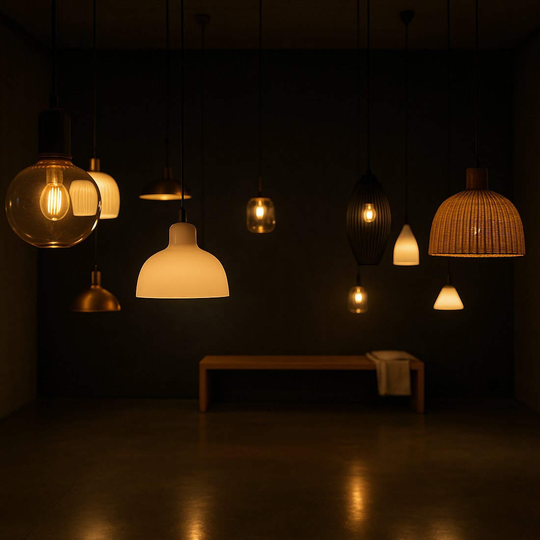 Showroom di illuminazione con sospensioni accese ad altezze diverse
